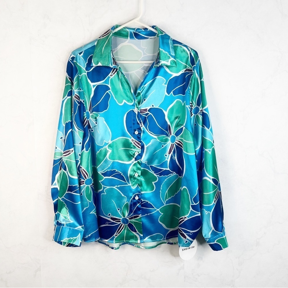[Shein] Allover Floral Print Satin Button Down
